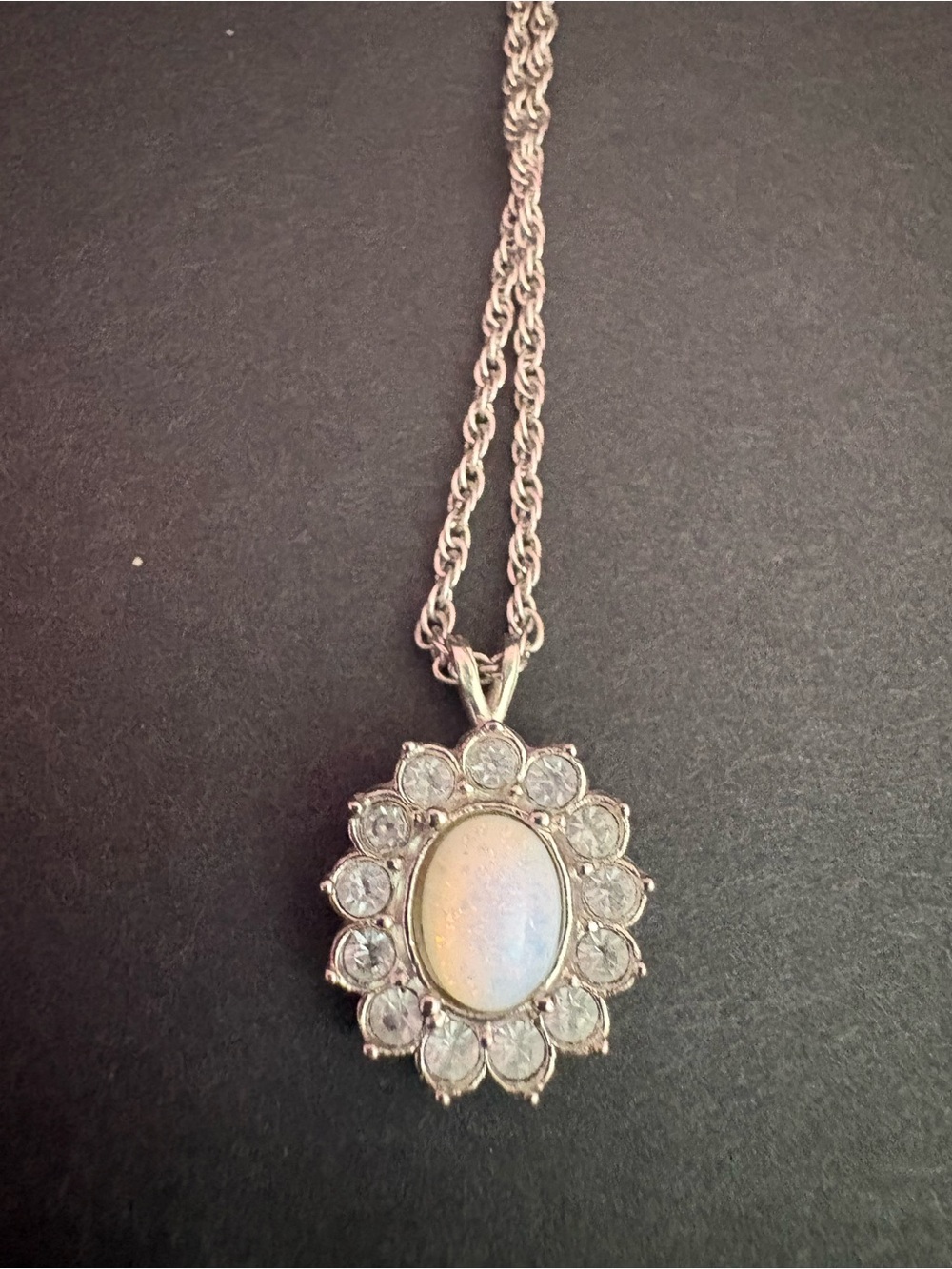Avon Silver-Tone Opal Oval Pendant with Clear Crystal Halo Vintage Avon Fashion
